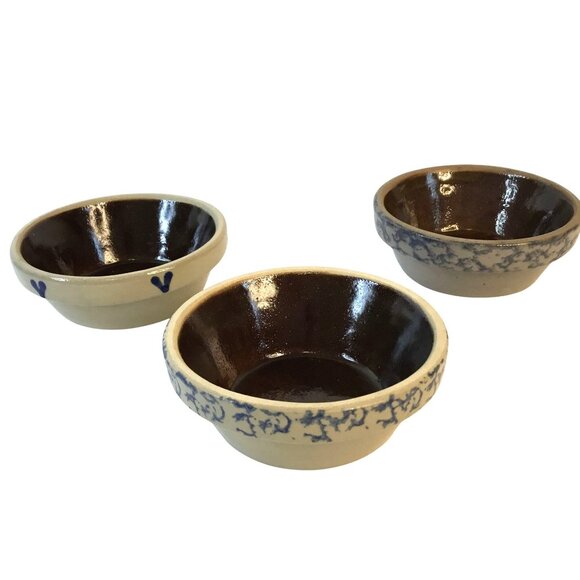 VTG Studio Pottery Plant Tray Bowl 3" Petite Trinket Salt Glaze Blue Heart Set 3 - Picture 2 of 6